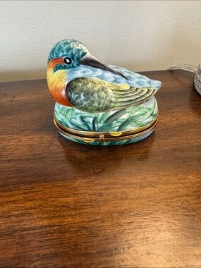Limoges Hand-Painted Multicolor KingfisTrinket Box - Blue, Green, Orange, Yellow